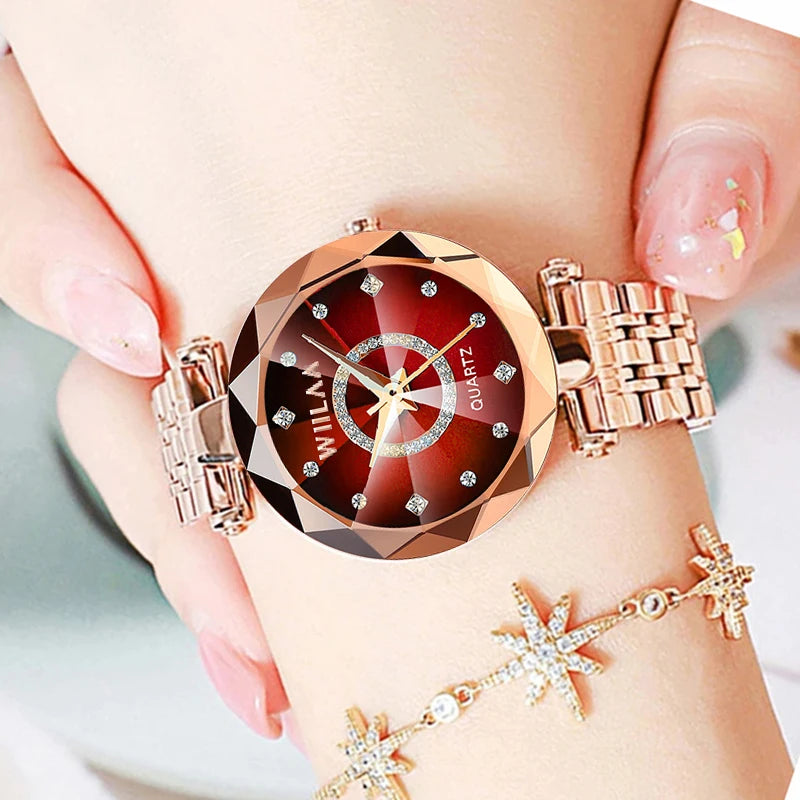 WIILAA Ocean Star Women Crystal Watch 2025 Top Brand Luxury Rose Gold Women Bracelet Wrist Watch For Ladies Relogio Feminino
