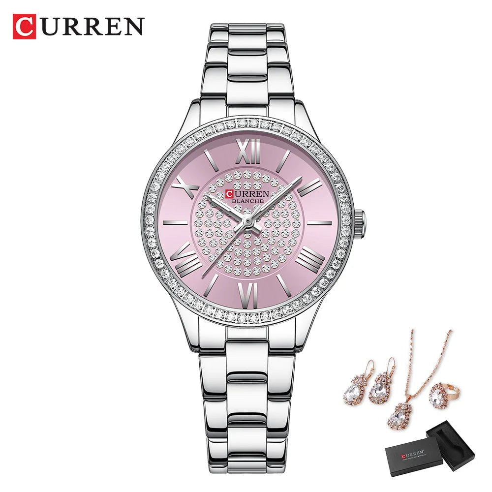 CURREN Luxury Watch Women Ring Necklace Earrings Rhinestone Fashion Wristwatch Female Casual Ladies Watches Bracelet 5PCS Set