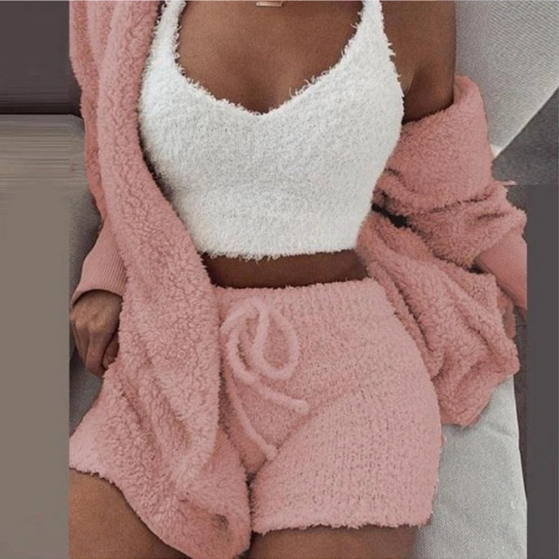 Fluffy Pajamas Set Casual Sleepwear Shorts 3 Pieces Pijamas