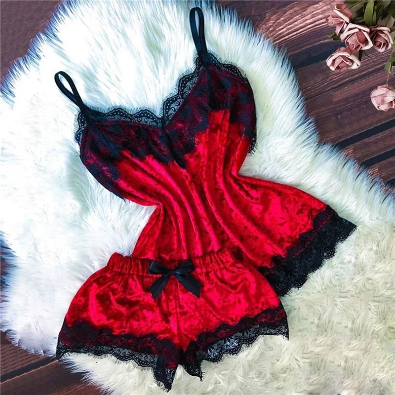 Sexy Sleepwear Bow Shorts V-Neck Tops Velvet Pajamas Sleepwear