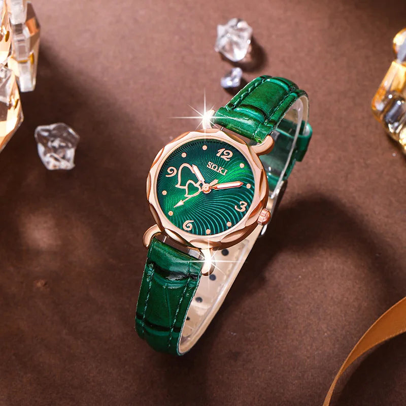 6 PCS New Lxury Love Rhinestone Jewelry Ladies Ring Necklace Earrings Bracelet Set Simple Digital Leather Strap Quartz Watch