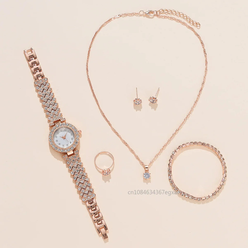 5pcs Luxury Watch Women Ring Necklace Earrings Bracelet Set Watches Silver Leather Strap Ladies Quartz WristWatch No Box