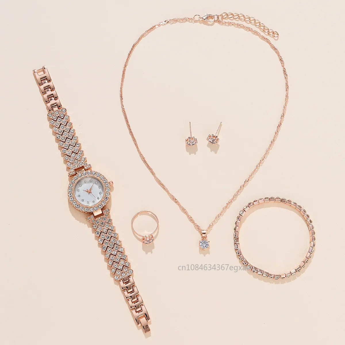 5pcs Luxury Watch Women Ring Necklace Earrings Bracelet Set Watches Silver Leather Strap Ladies Quartz WristWatch No Box