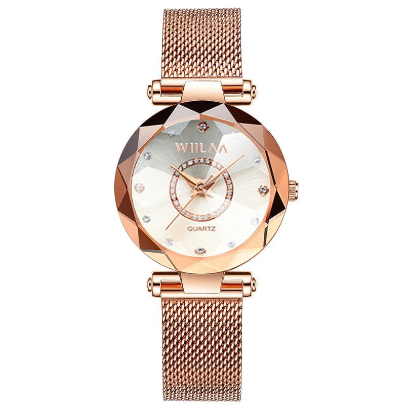 WIILAA Ocean Star Women Crystal Watch 2025 Top Brand Luxury Rose Gold Women Bracelet Wrist Watch For Ladies Relogio Feminino