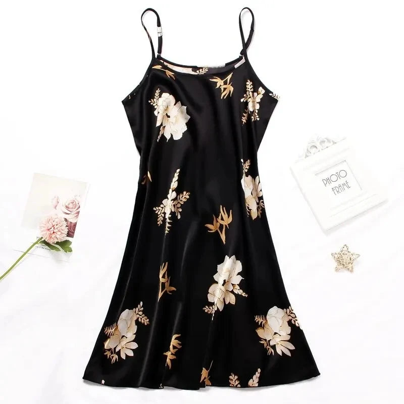 Women Sexy Black Floral Printing Nightdress Sleepwear Nightshirts Silk Nightgowns