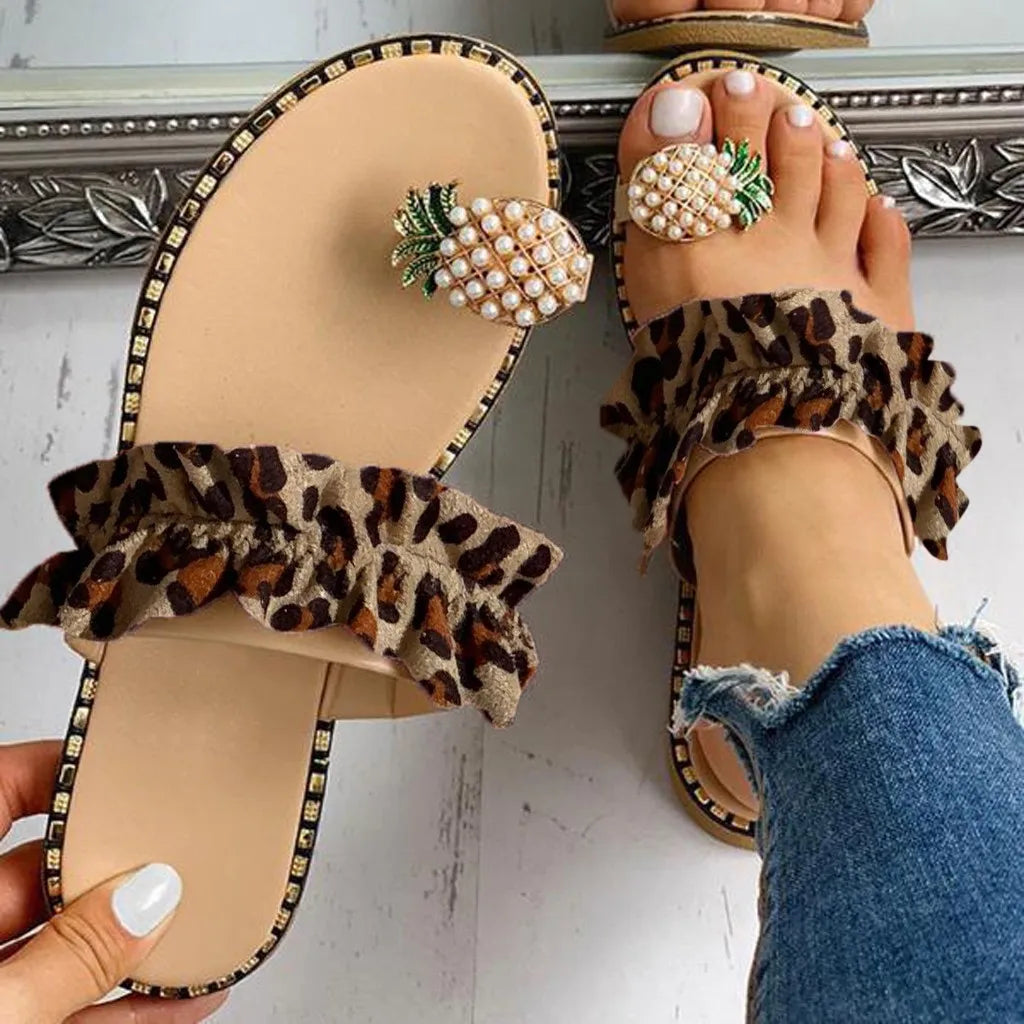 Pineapple Pearl Bohemian Flat Sandals for Women - Stylish Summer Beach Footwear, Plus Size Available