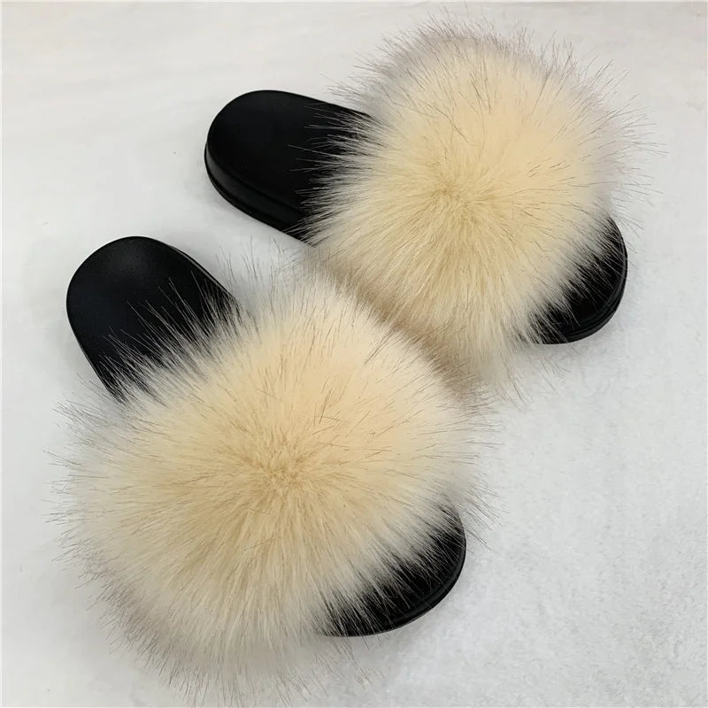 Faux Fur Slippers Women Home Fluffy Flat Slides Winter Comfort Furry House Sweet Shoes Female Slipper Indoor Flip Flops