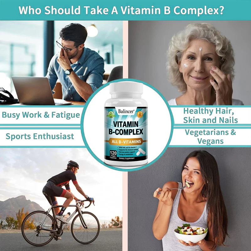 B Vitamins, Folic Acid & Vitamin C Supplement, Immune System Support, Nerve Health & Metabolism, Mood Support 120 Capsules