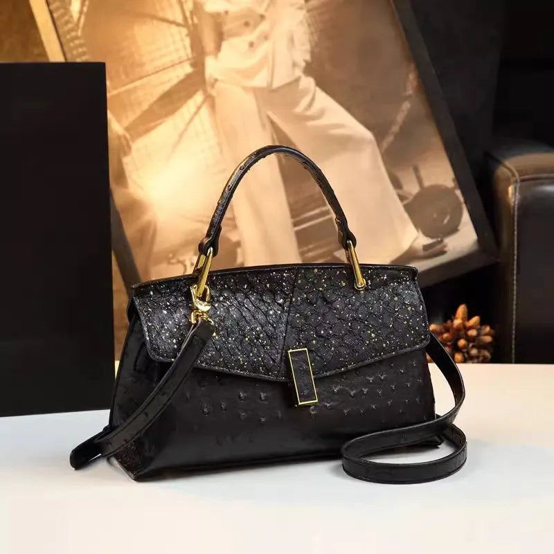 Genuine Leather Ostrich-print Shell Luxury Shoulder Bags