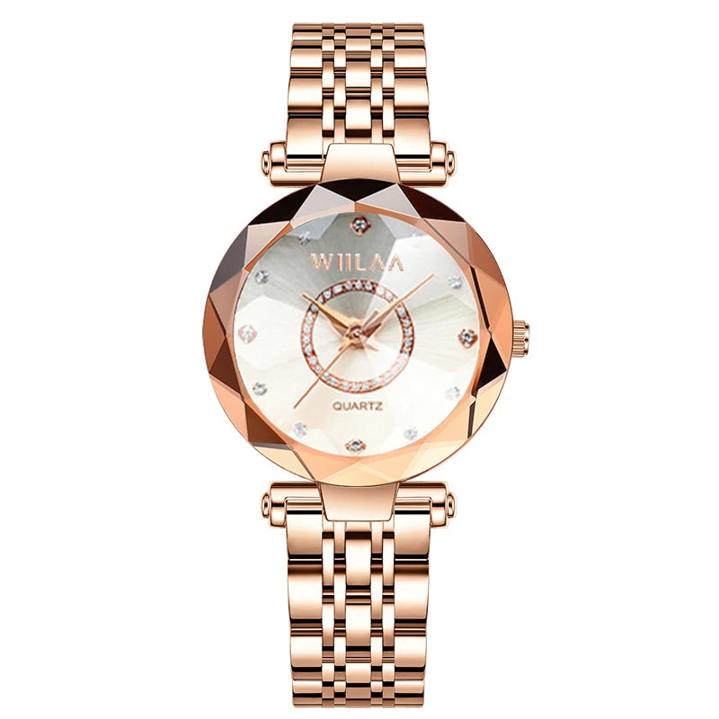 WIILAA Ocean Star Women Crystal Watch 2025 Top Brand Luxury Rose Gold Women Bracelet Wrist Watch For Ladies Relogio Feminino