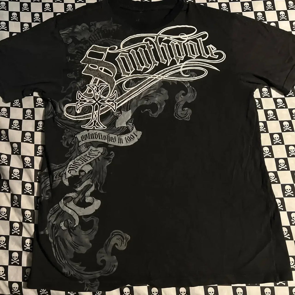 South pole Vintage Cotton Graphic Tee Distressed Oversized T-Shirt with Gothic Print