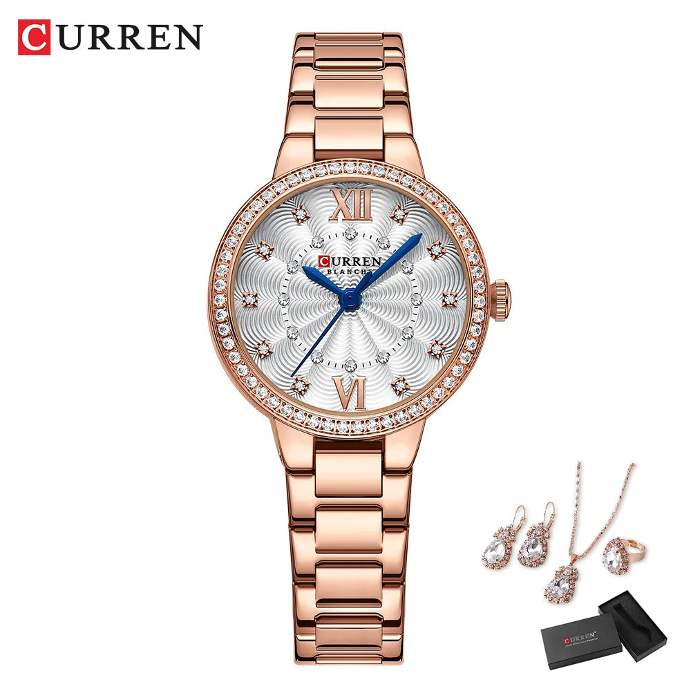 CURREN Luxury Watch Women Ring Necklace Earrings Rhinestone Fashion Wristwatch Female Casual Ladies Watches Bracelet 5PCS Set