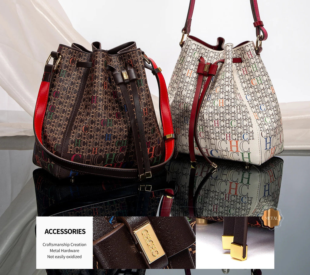 Women's Handbag  Drawstring Bucket Bag Coffee Color Letter Printed Wallet