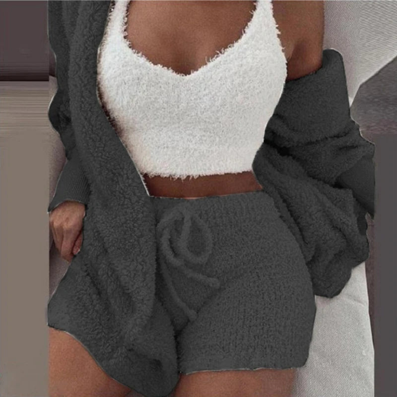 Fluffy Pajamas Set Casual Sleepwear Shorts 3 Pieces Pijamas