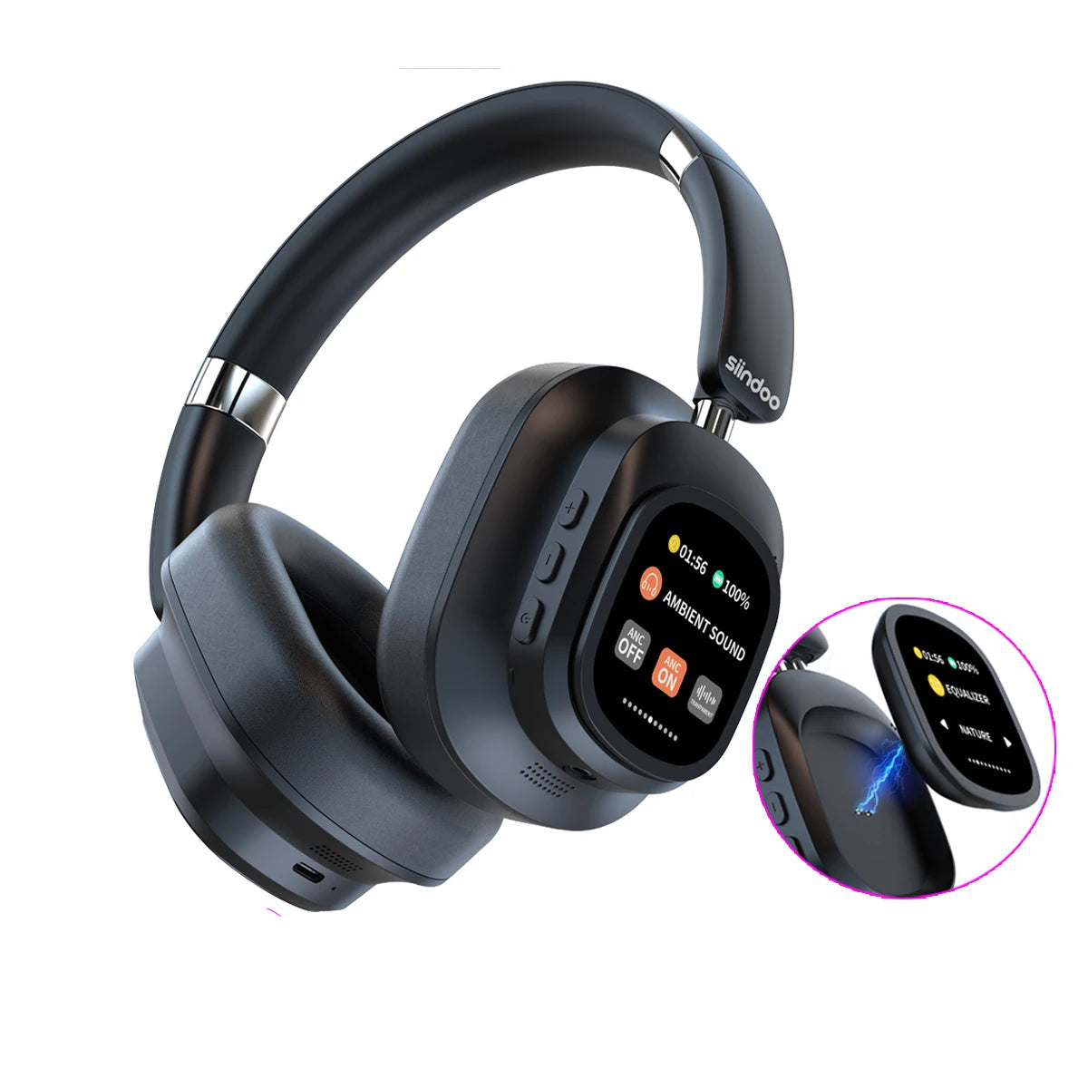 Hybrid Wireless Headphone, Active Noise Cancelling Headphones With Multi Magnetic Touch Control LED Screen