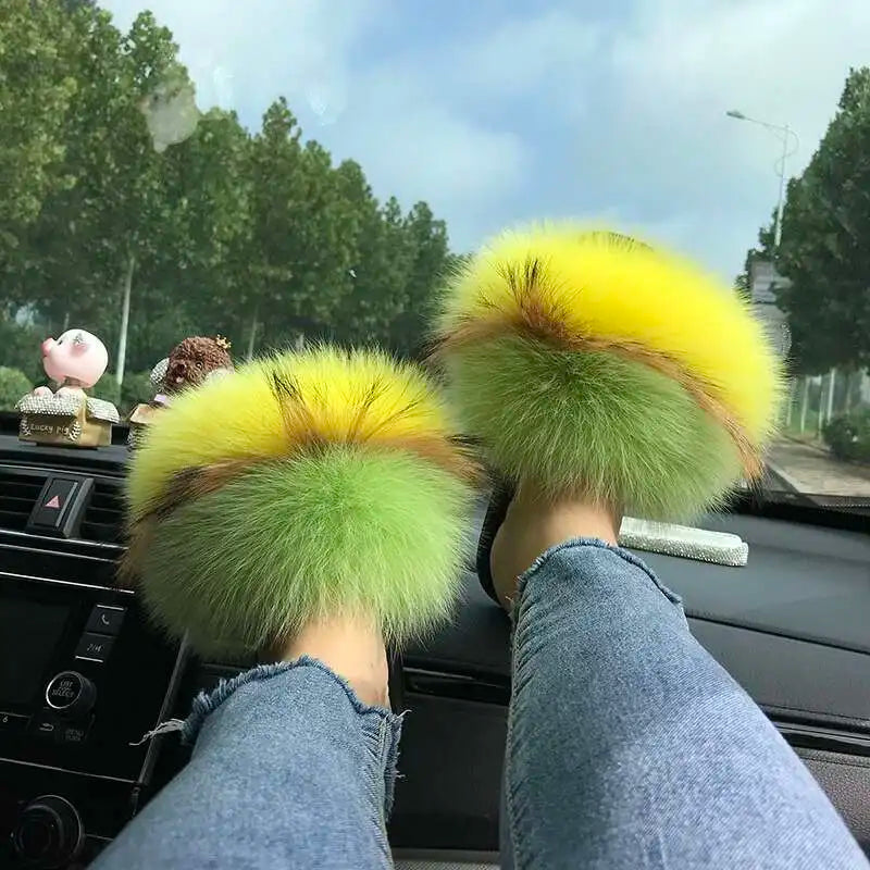 Fur Slippers Women Summer Fluffy Plush Casual Fluffy Flat Non-Slip Real Fox Fur Slides Outdoor Flat Ladies Sandals Flip Flops