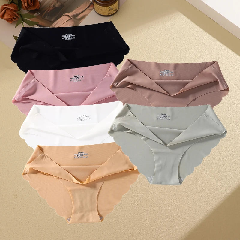 6Pcs/set Seamless Ice Silk Briefs Sexy Wavy Edge Underwear for Women Female Mid-waist Panties M-XL High Elasticity Lingerie New
