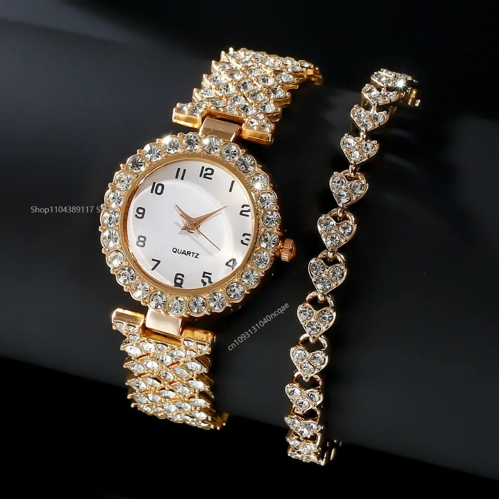 2025 2pcs Luxury Fashion Women Watch Set Silver Strap Ladies Quartz Wristwatch Alloy Bracelet for Ladies Jewelry Set Clock Gift