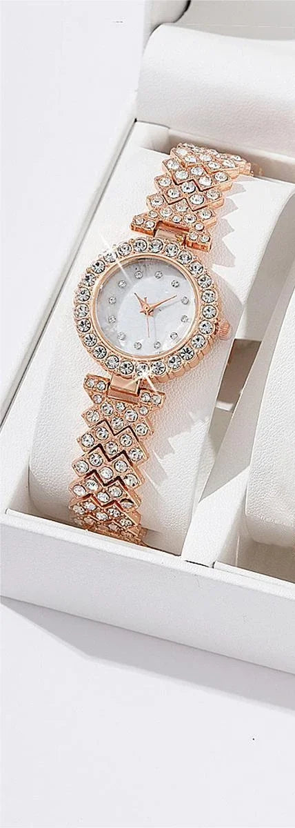 5pcs Luxury Watch Women Ring Necklace Earrings Bracelet Set Watches Silver Leather Strap Ladies Quartz WristWatch No Box