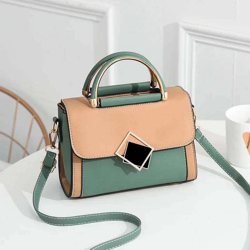 Color blocked women's buckle decorative handbag, crossbody wallet PU leather
