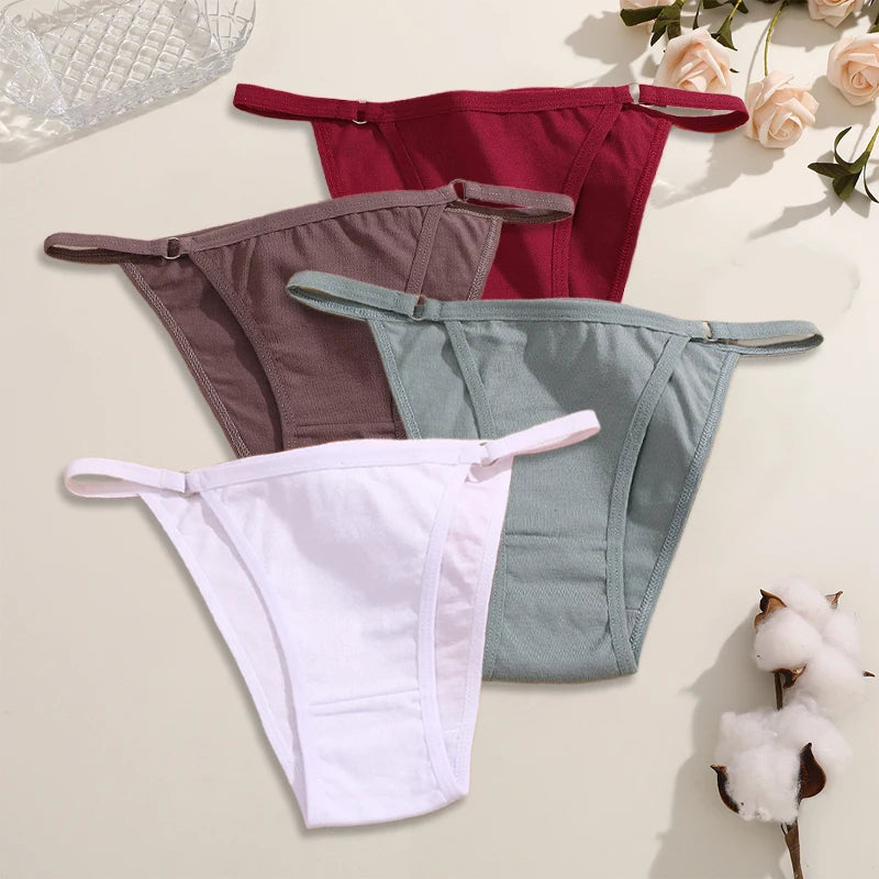 FINETOO 4Pcs Women's Cotton Panties Sexy Metal Ring Waist Underwear Solid Breathable Panties Ladies Soft Briefs Comfort Lingerie