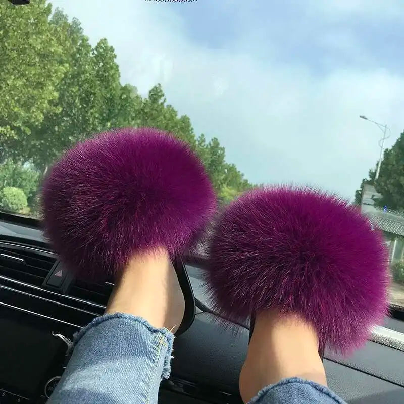 Fur Slippers Women Summer Fluffy Plush Casual Fluffy Flat Non-Slip Real Fox Fur Slides Outdoor Flat Ladies Sandals Flip Flops
