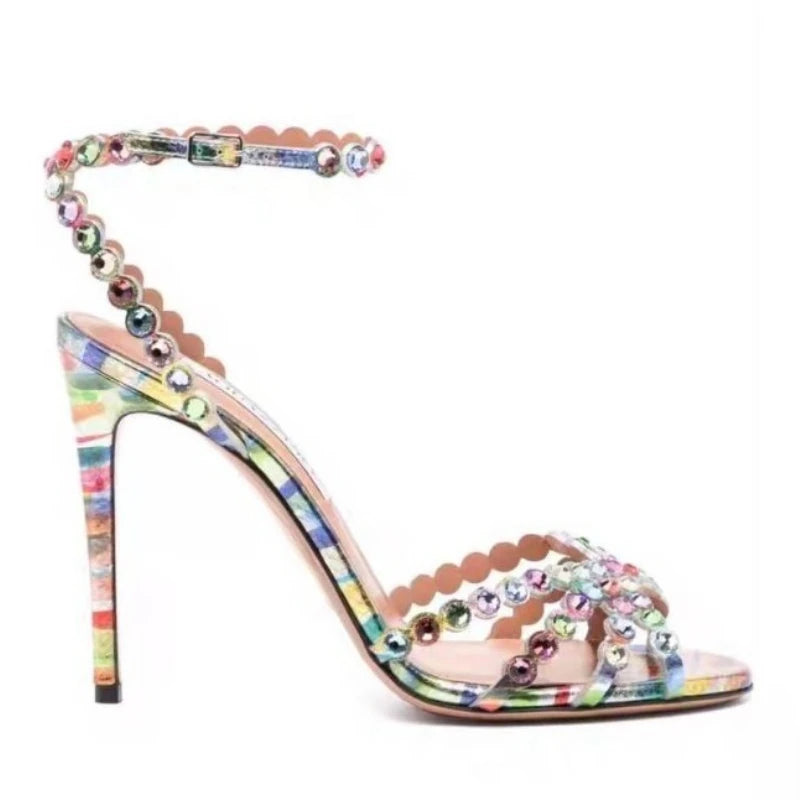 European And American New Single buckle High-heeled Multi Colored Rhinestone Fish Mouth Sandals Women's Fashion Banquet Shoes