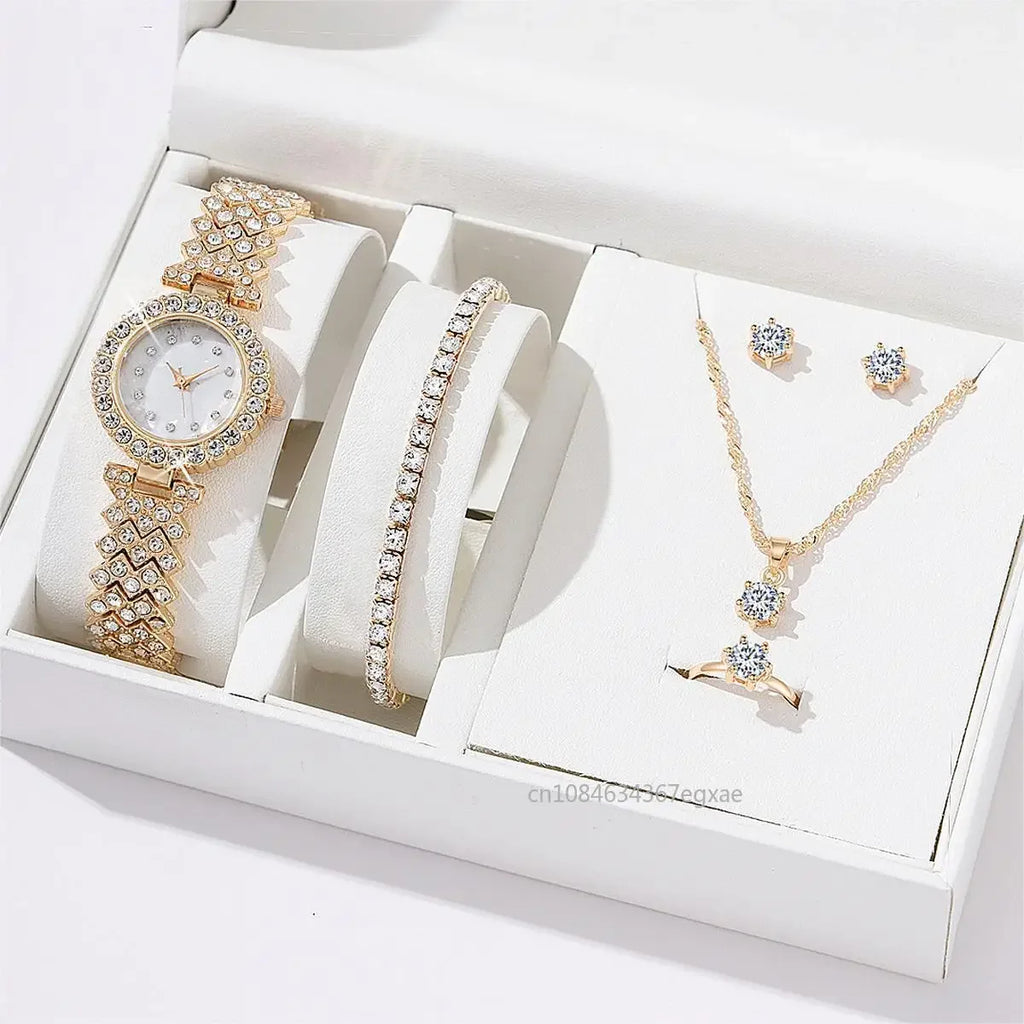 5pcs Luxury Watch Women Ring Necklace Earrings Bracelet Set Watches Silver Leather Strap Ladies Quartz WristWatch No Box
