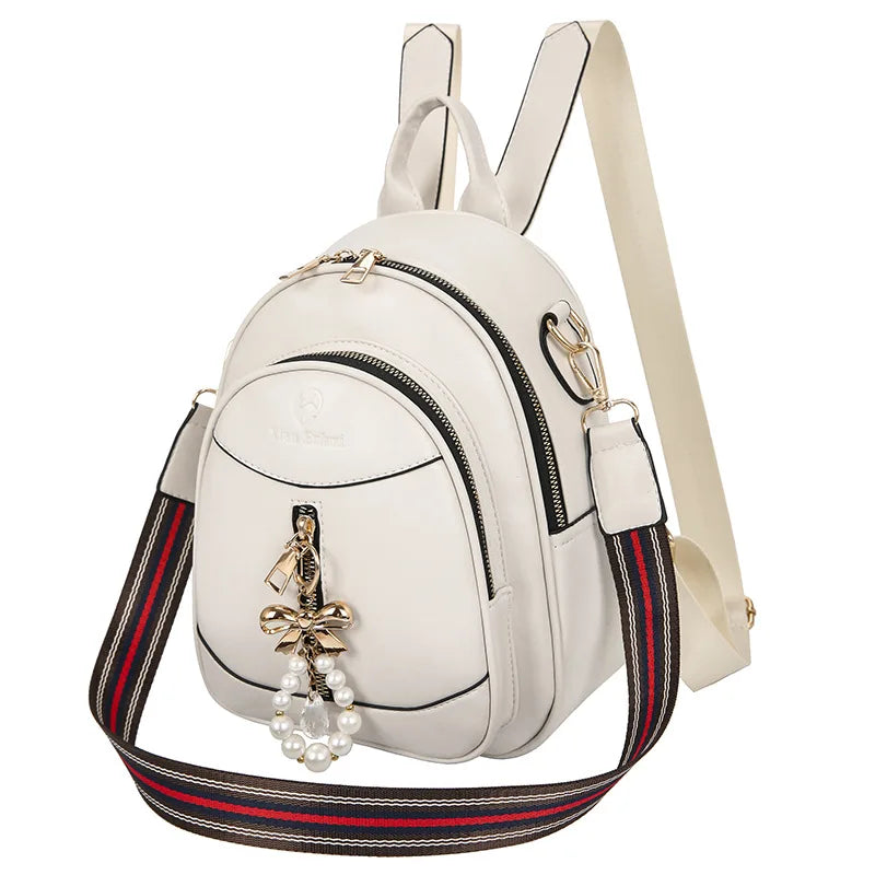Women Backpacks PU Leather Teenage Shoulder Bags small Pearl Tassel