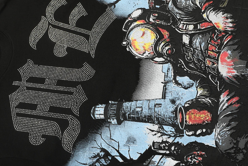 Mixed Emotion Letter Rhinestone Short Sleeve Black Oversized Tshirt