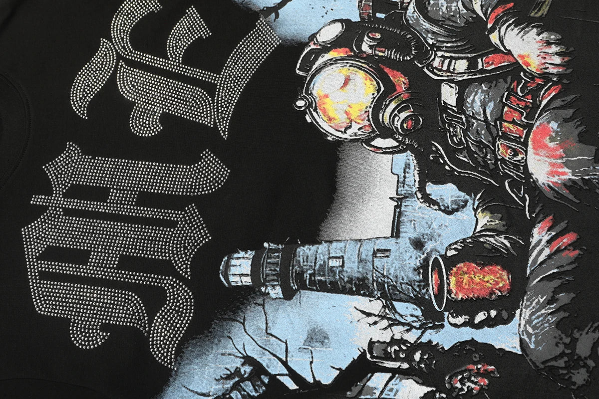 Mixed Emotion Letter Rhinestone Short Sleeve Black Oversized Tshirt