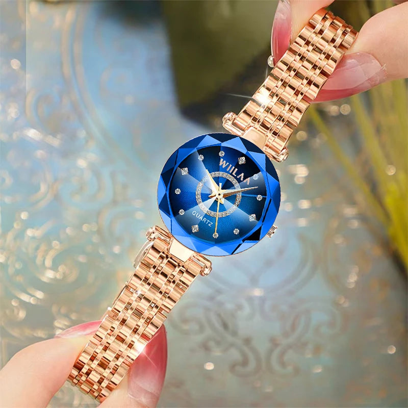 WIILAA Ocean Star Women Crystal Watch 2025 Top Brand Luxury Rose Gold Women Bracelet Wrist Watch For Ladies Relogio Feminino