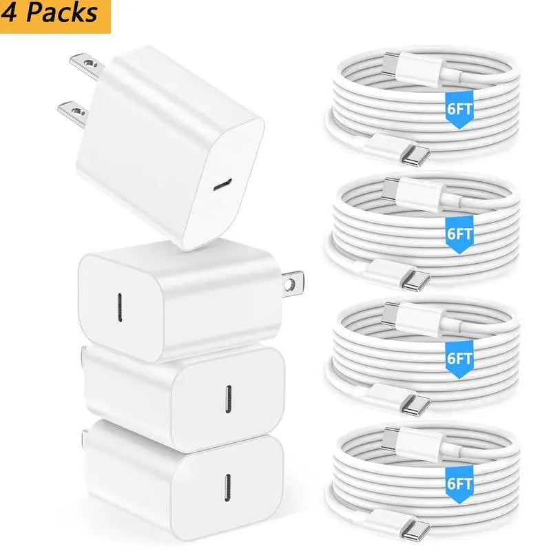 4 Pack 20W USB-C iPhone Fast Charger with Lightning Cable - [MFi Certified] Fast Charger