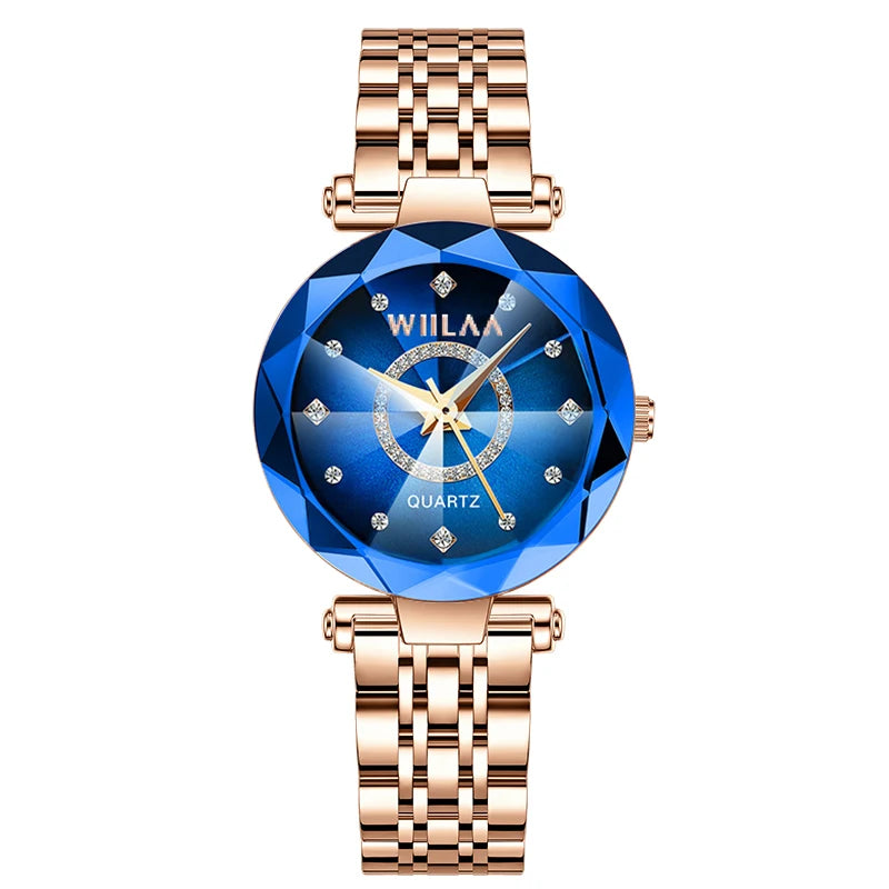 WIILAA Ocean Star Women Crystal Watch 2025 Top Brand Luxury Rose Gold Women Bracelet Wrist Watch For Ladies Relogio Feminino