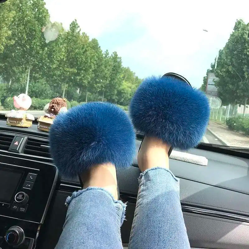 Fur Slippers Women Summer Fluffy Plush Casual Fluffy Flat Non-Slip Real Fox Fur Slides Outdoor Flat Ladies Sandals Flip Flops