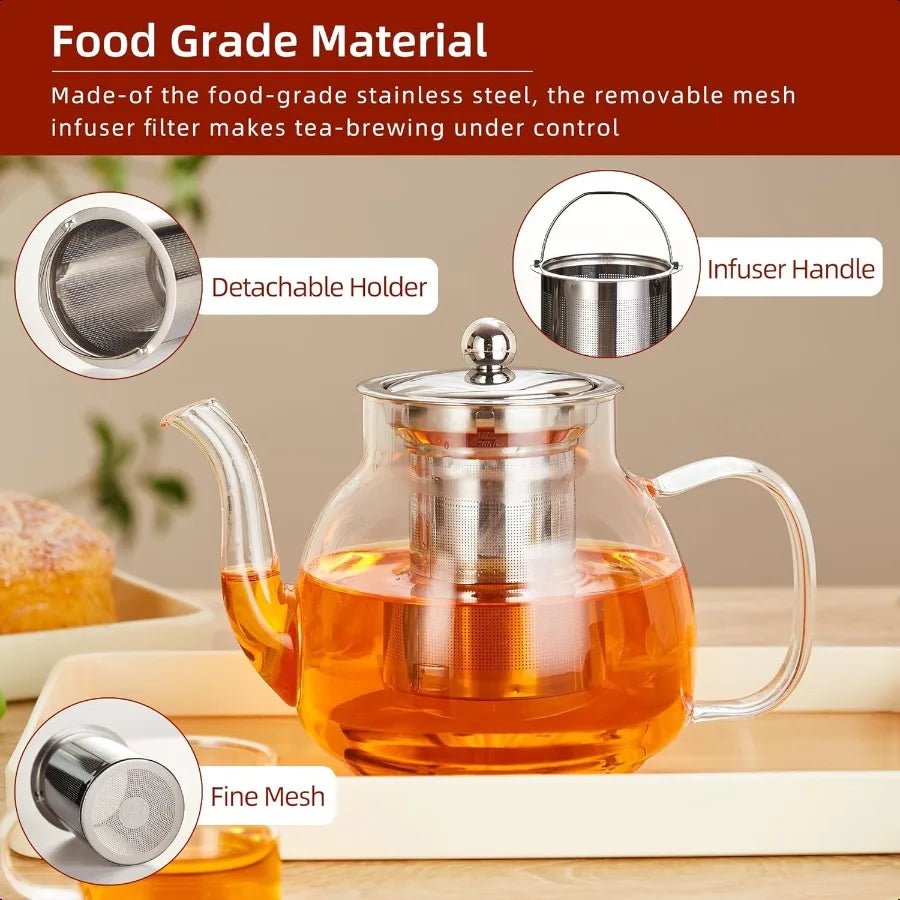 Glass Teapot 37oz 1100ml heat resistant borosilicate Glass Tea Kettle with Removable Stainless Steel Infuser for Blooming and Loo