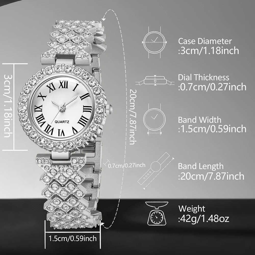 6PCS/SET Silver Women's Element Luxury Dial Quartz Watch Jewelry Set
