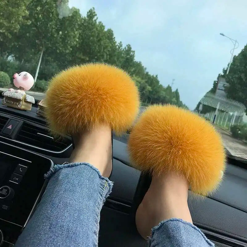 Fur Slippers Women Summer Fluffy Plush Casual Fluffy Flat Non-Slip Real Fox Fur Slides Outdoor Flat Ladies Sandals Flip Flops