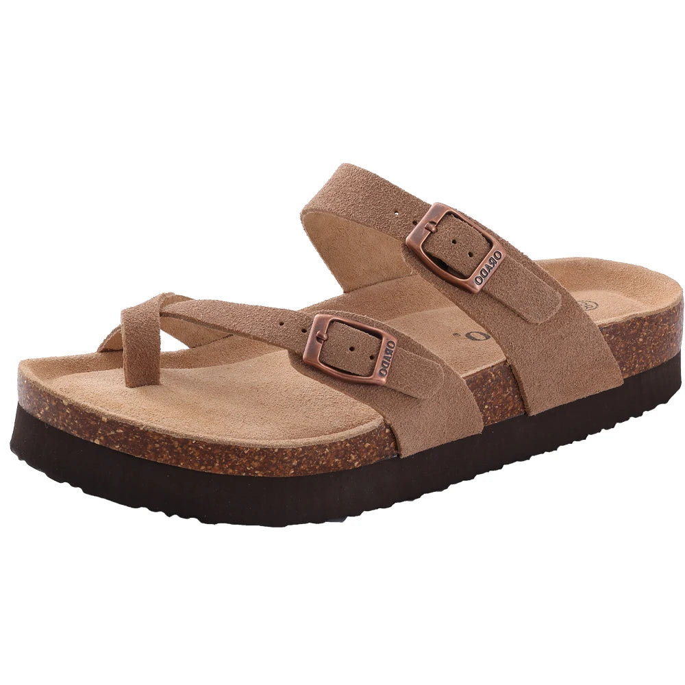 Evshine Platform Suede Sandals for Women Soft Cork Footbed Summer Slides with Adjustable Buckle Outdoor Slides With Arch Support