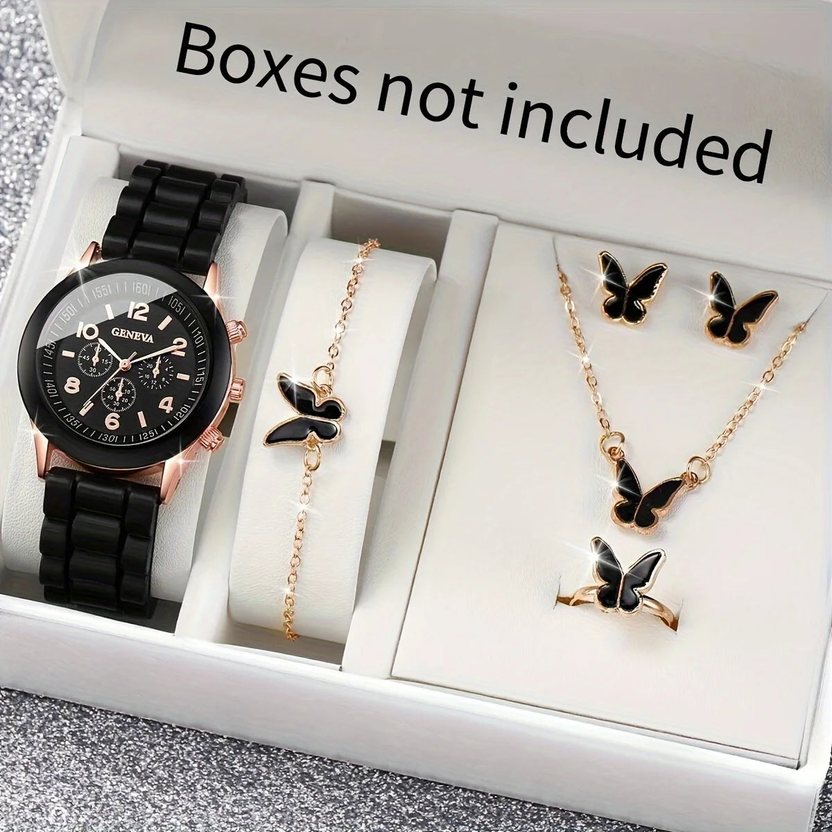 5/6PCS Women's Watch Casual Silicone Band Quartz Watches Butterfly Jewelry Set(Without Box)