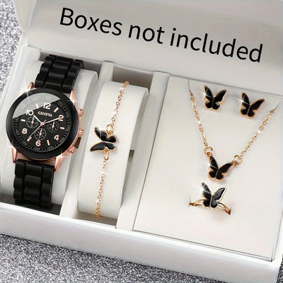 5/6PCS Women's Watch Casual Silicone Band Quartz Watches Butterfly Jewelry Set(Without Box)