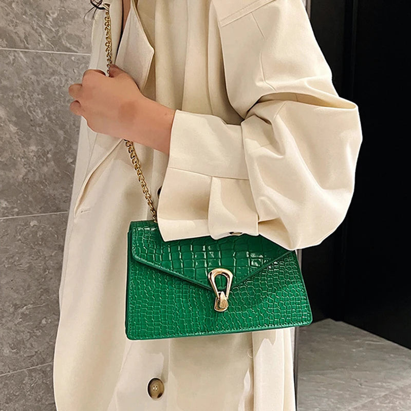 Crocodile Pattern Shoulder Chains Square Pu Leather Handbag