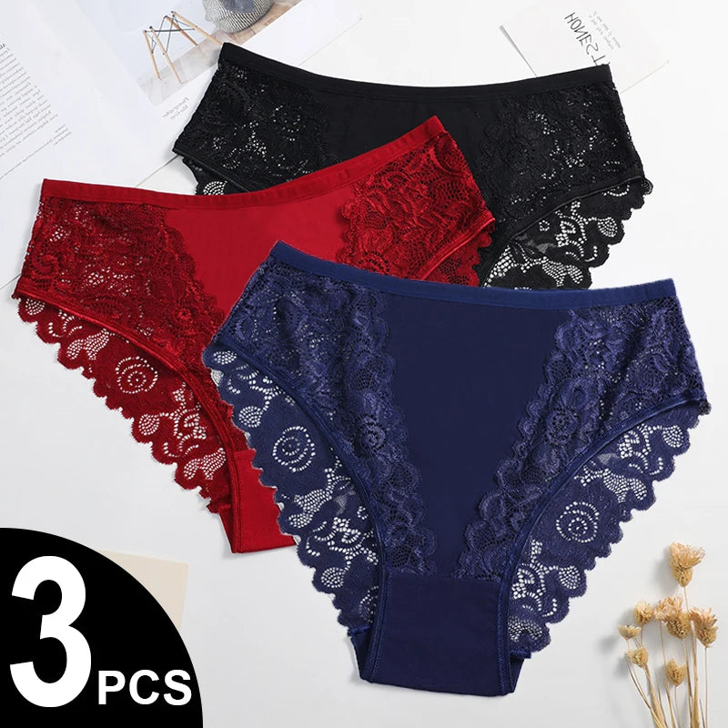 3PCS/Set Sexy Embroidery Lace Cotton Panties Women's Breathable Soft Comfy Panties Underwear S-XXL