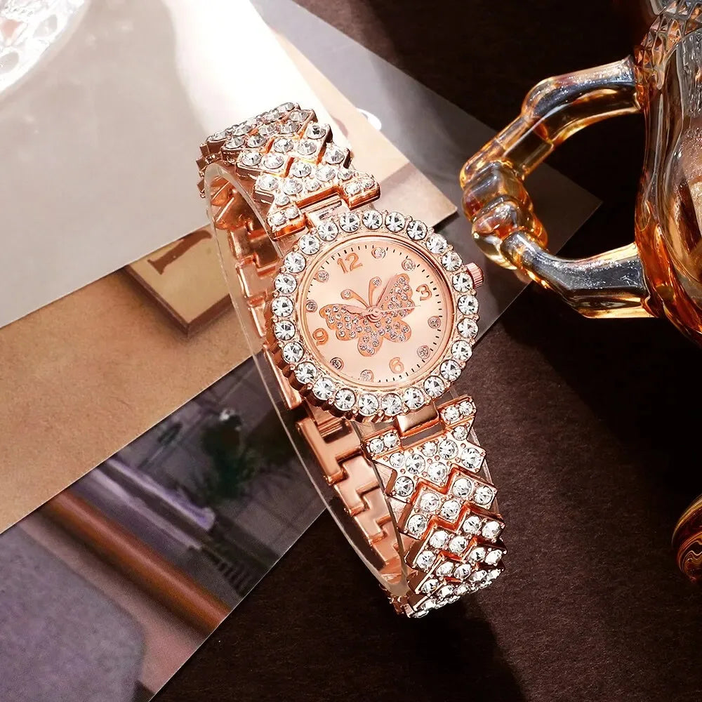 6 Piece Jewelry Set Rose Gold Luxury Watches Women Rings Necklace Earrings Rhinestone Fashion Watches Casual Women Watches