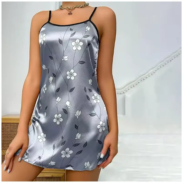 Women Sexy Black Floral Printing Nightdress Sleepwear Nightshirts Silk Nightgowns