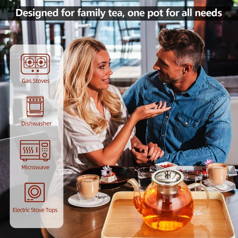 Glass Teapot 37oz 1100ml heat resistant borosilicate Glass Tea Kettle with Removable Stainless Steel Infuser for Blooming and Loo