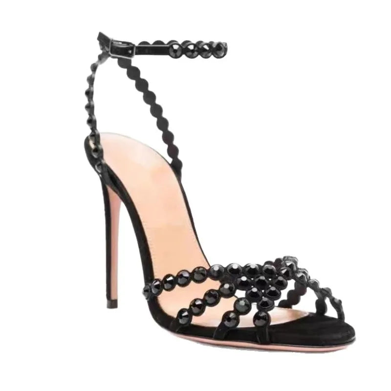 European And American New Single buckle High-heeled Multi Colored Rhinestone Fish Mouth Sandals Women's Fashion Banquet Shoes