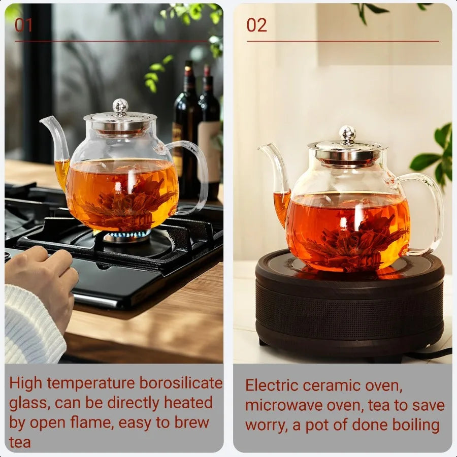 Glass Teapot 37oz 1100ml heat resistant borosilicate Glass Tea Kettle with Removable Stainless Steel Infuser for Blooming and Loo