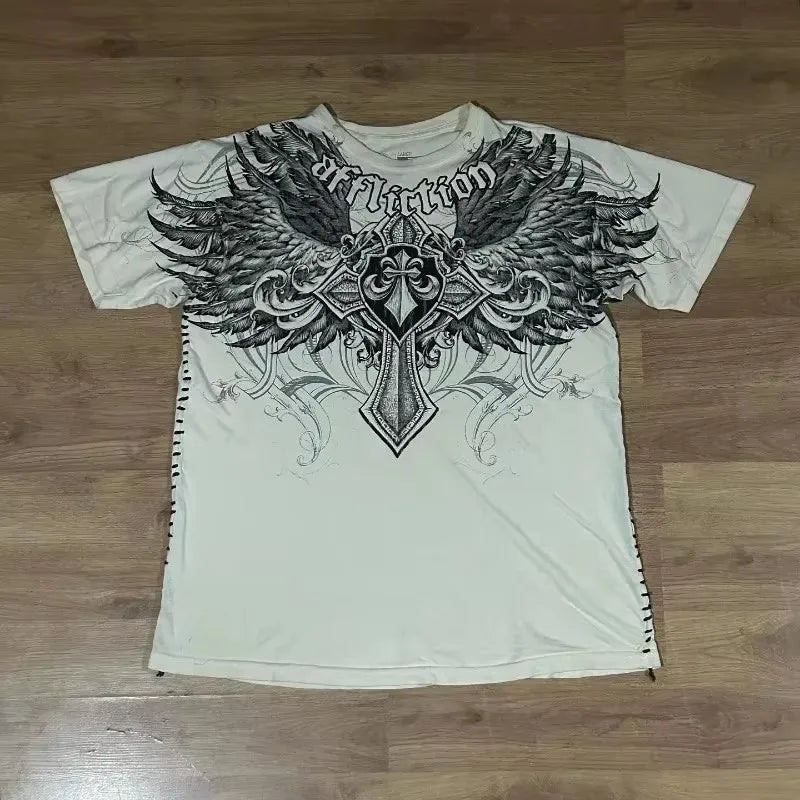 Graphic T-Shirt Mens Large Grunge Wings  Pure Cotton Shirt