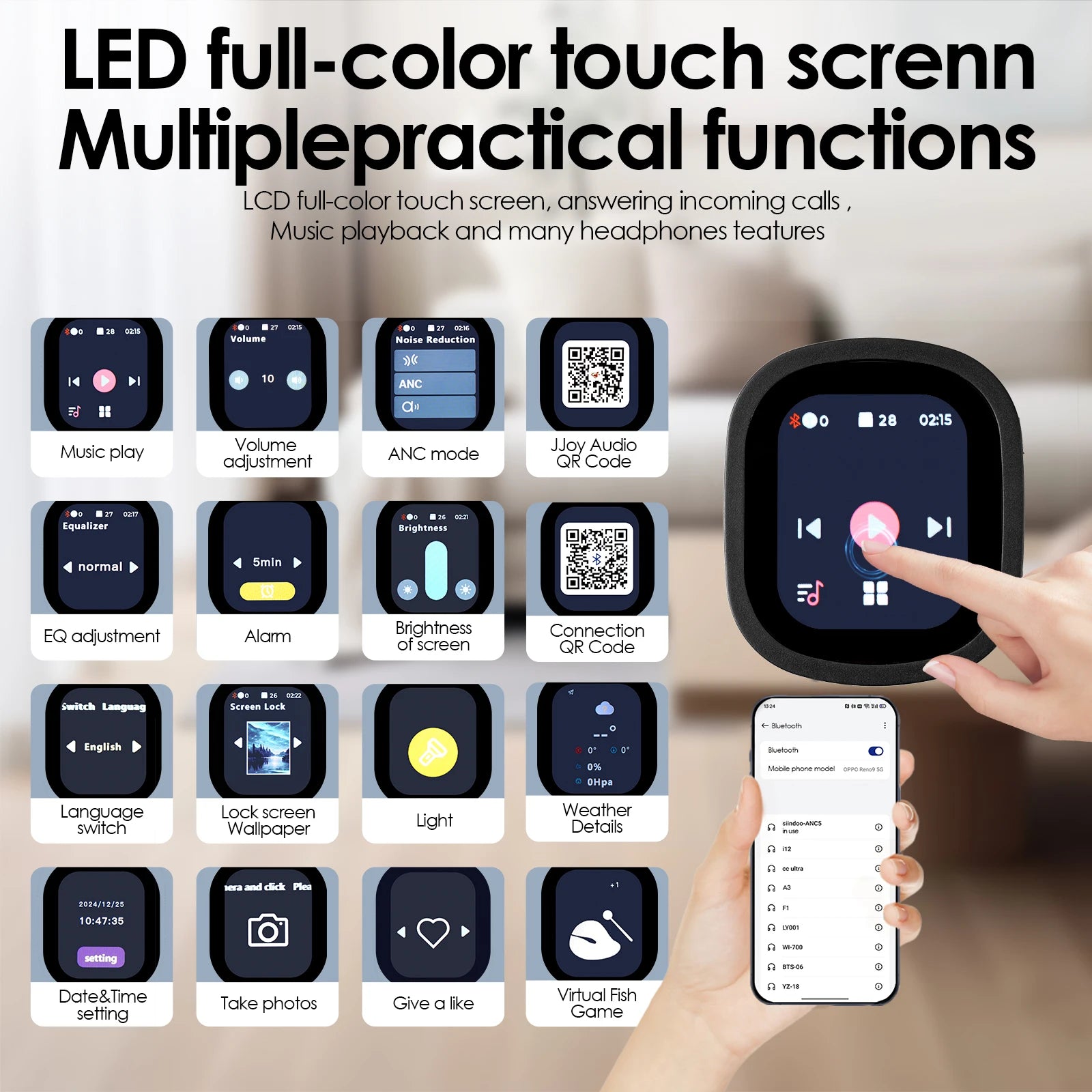 Hybrid Wireless Headphone, Active Noise Cancelling Headphones With Multi Magnetic Touch Control LED Screen